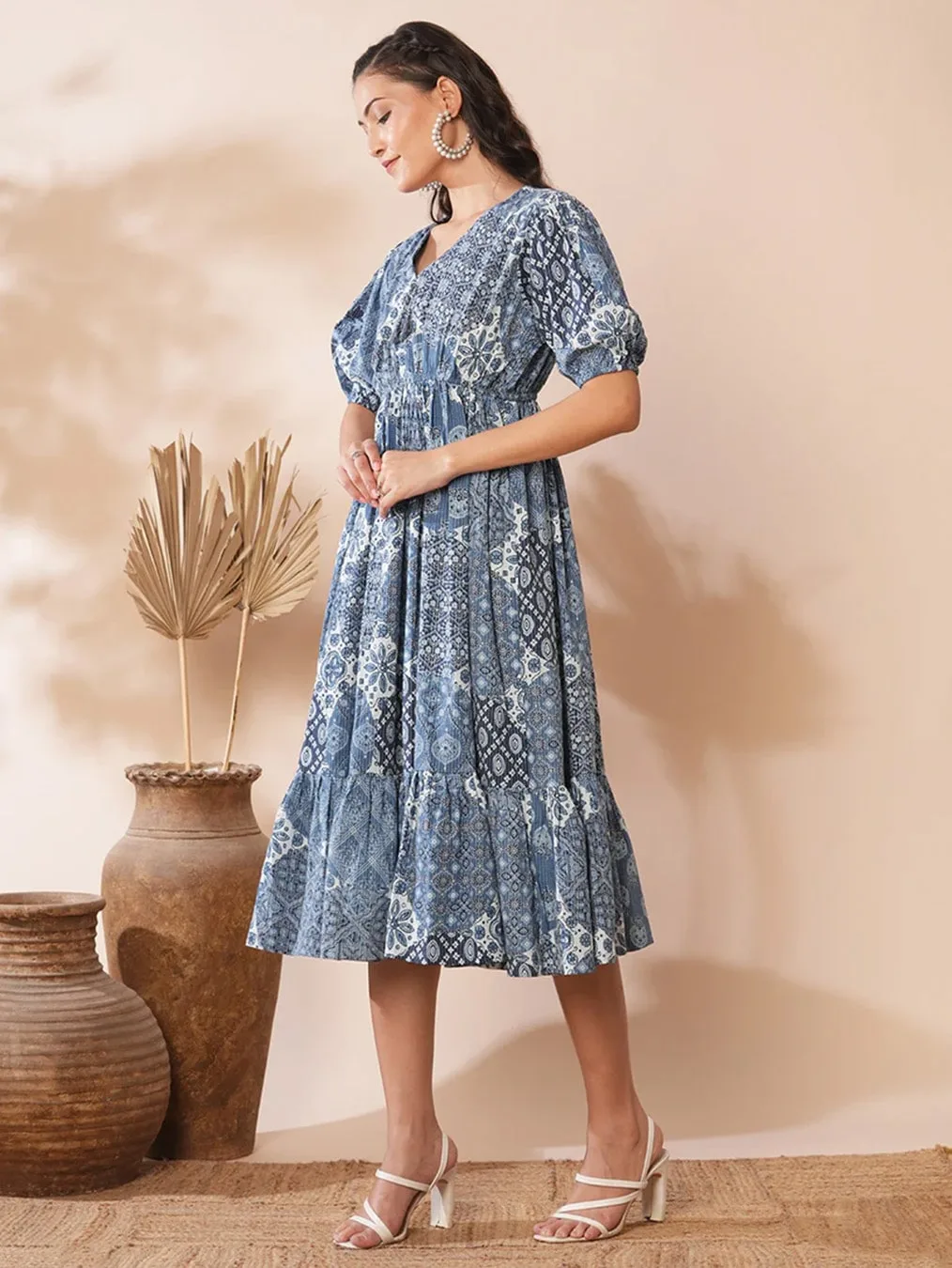 Blue Traditional Patterned Dress - Image 2