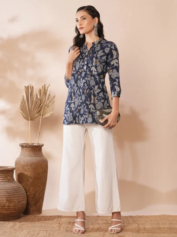 Blue Shirt with Floral Leaf Print